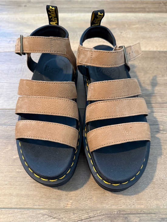 Dr. Martens Shoes - Dr. Martens Tan Suede Multi-Strap Sandals with Yellow Stitching, Size 10